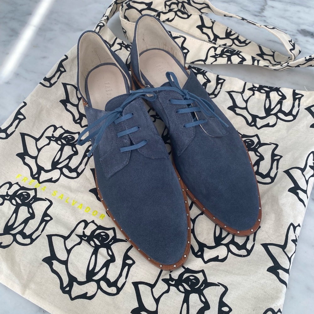 Freda Salvador D’Orsay Blue Suede Cutout Oxfords